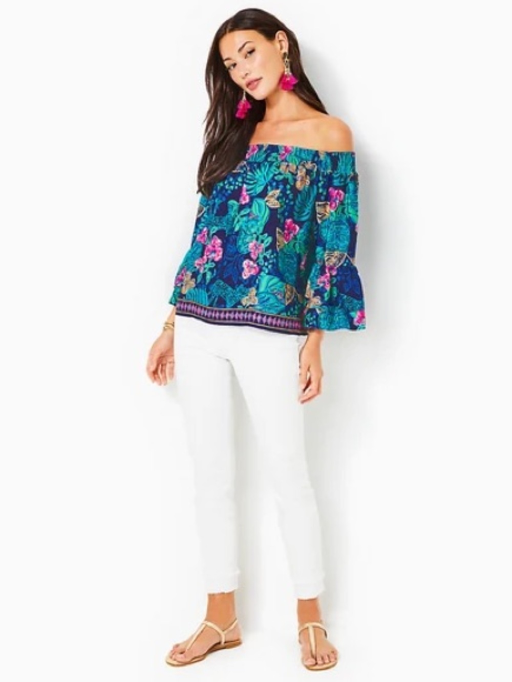 Lilly Pulitzer Kaori off the shoulder top low tide navy life of the party sz lg - Picture 3 of 10